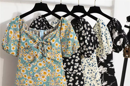 Mulheres mini vestidos de verão moda feminina vestidos impressão floral chiffon vestidos shirring plissado manga curta inchado vestido casual