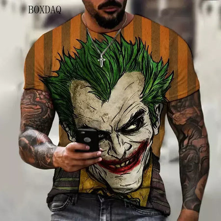 Camiseta masculina de manga curta, solta e casual, com padrão de palhaço aterrorizante, impressa em 3D, tamanho grande 6XL, verão