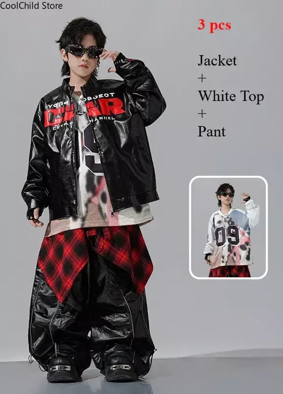 Meninos hio hop letras jaqueta de couro dança de rua calças de carga soltas meninas k-pop streetwear crianças conjunto de roupas jazz traje