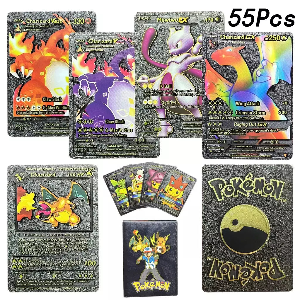Cartão de folha de ouro colorido pokemon charizard pikachu arceus prata preto arco-íris inglês francês alemão espanhol vstar gx vmax cartões