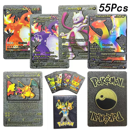 Cartão de folha de ouro colorido pokemon charizard pikachu arceus prata preto arco-íris inglês francês alemão espanhol vstar gx vmax cartões