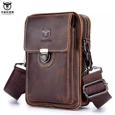 BULLCAPTAIN-Pacotes de Cintura de Couro Genuíno para Homens, Cinto Casual, Bolsa de Telefone Móvel 100% Couro Pequena Bolsa de Ombro