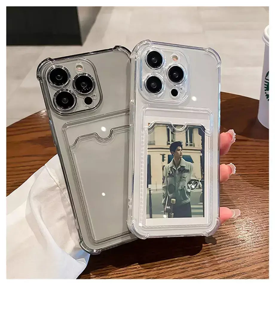 Bolsa de slot para cartão transparente para iPhone, carteira clara, à prova de choque, capa macia, iPhone 16, 15, 14, 13, 12, 11 Pro Max, Mini, X, XR, 7, 8 Mais