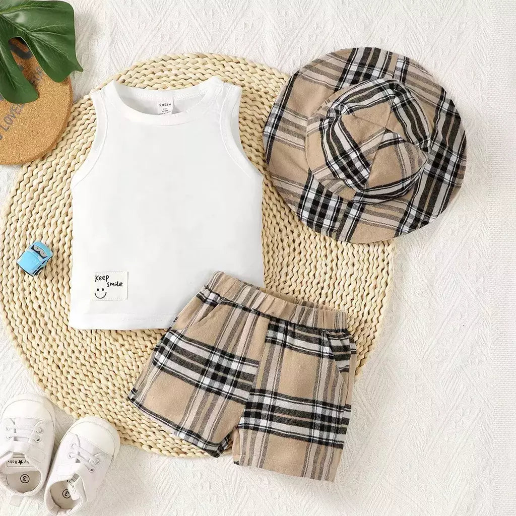 Short xadrez com 3 peças e chapéu para meninos, colete transparente respirável, 6-36m, estilo verão