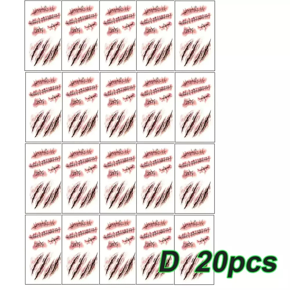 5/10/20 pçs halloween cicatriz tatuagem temporária adesivos 3d falso cicatriz tatuagens adesivo vermelho sangue coágulo rosto tatuagem à prova dwaterproof água cosplay g