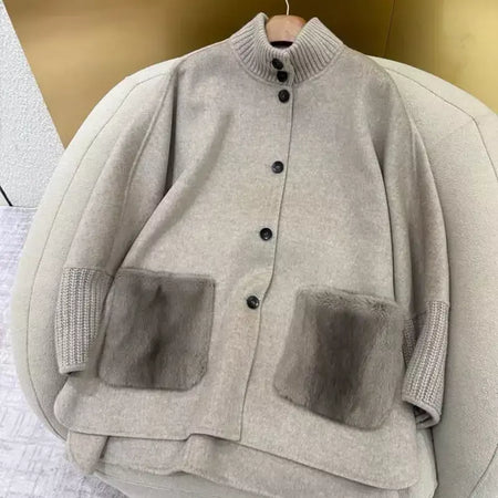Gola de pele emendada longa pele de lã casaco feminino moda casual manga comprida lapela solta quente curto jaqueta senhora diariamente streetwear