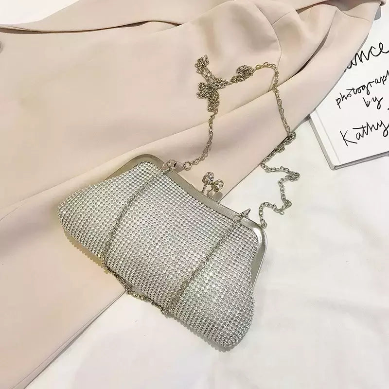 Diamante de ouro sacos de noite para mulheres, bolsa de luxo, corrente elegante, ombro crossbody bag, embreagem festa casamento, moda, 2024