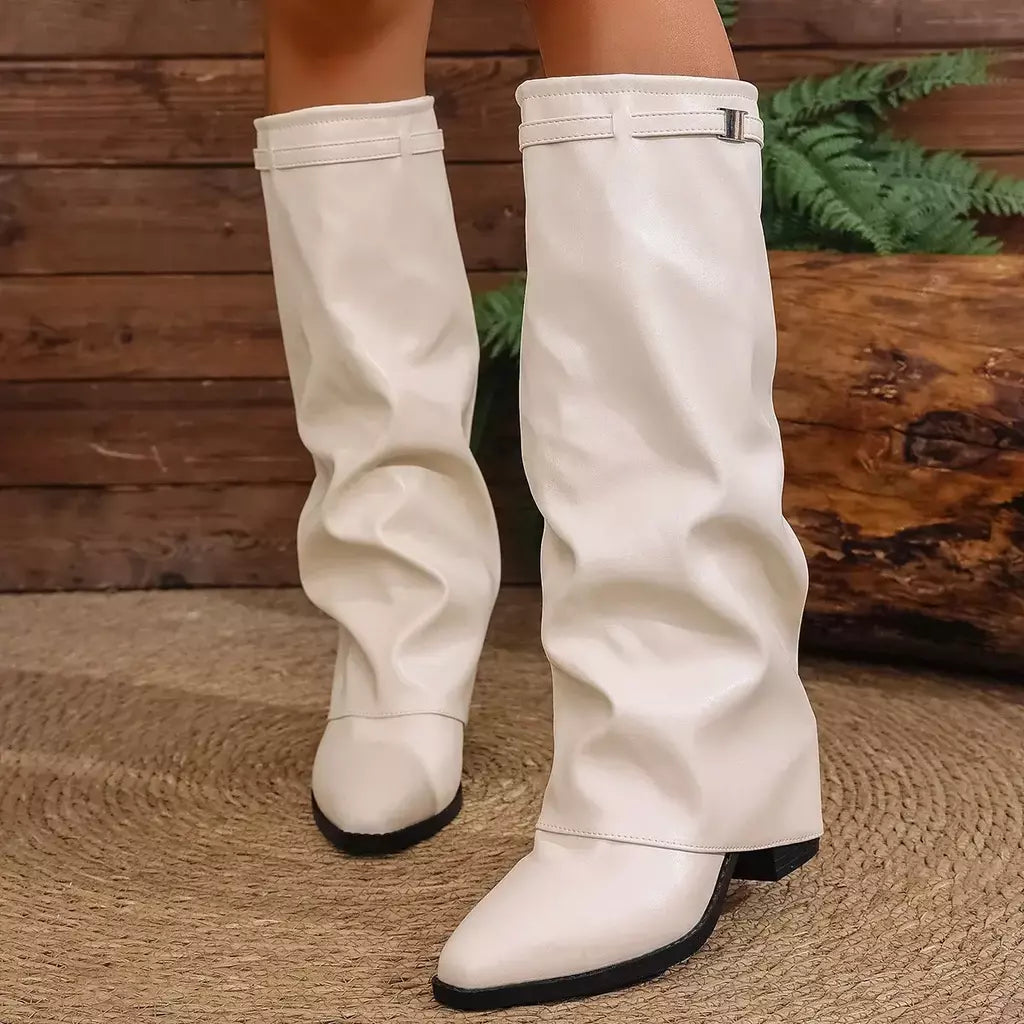 Moda plissada bota de salto alto outono novo tamanho grande estilo britânico calças de tubo alto bota feminina transfronteiriça lindamente