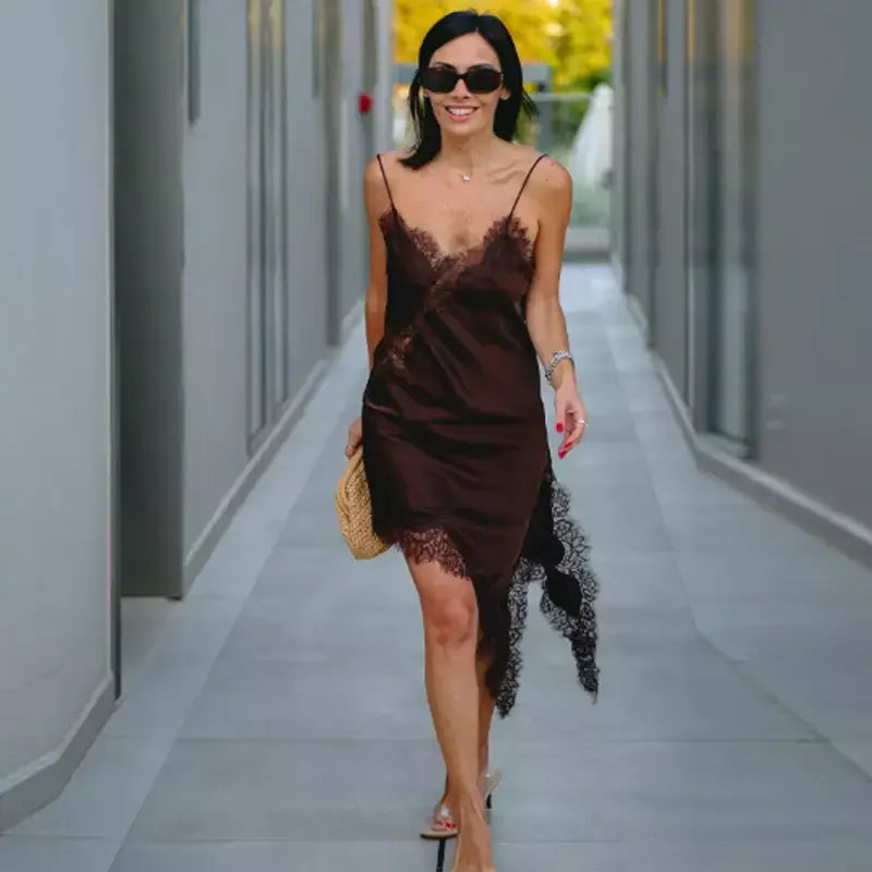 Hxao vestidos femininos de renda assimétrica vestido deslizante verão 2025 vestidos de noite sexy senhoras mini marrom sem mangas sem costas