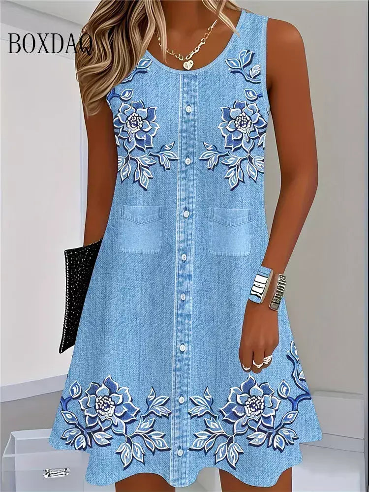 2025 mulheres verão sem mangas vestido boêmio moda imitar cowboy colete flores impressão vestido casual tanque vestidos de praia para mulher
