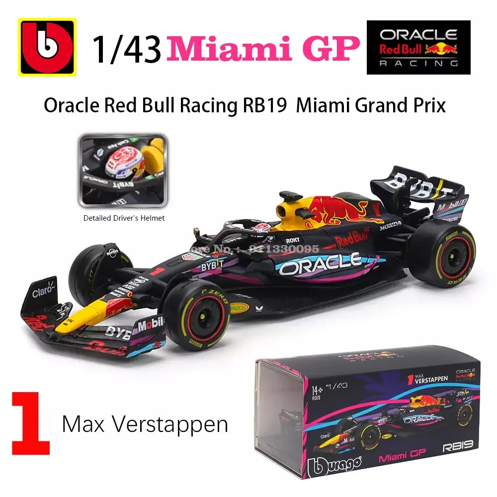 Bburago 1:43 2024 RB20 F1 Red Bull Racing TAG Heuer 2023 RB19 Miami # 1 Verstappen # 11 Brinquedo modelo fundido para carro em liga Perez