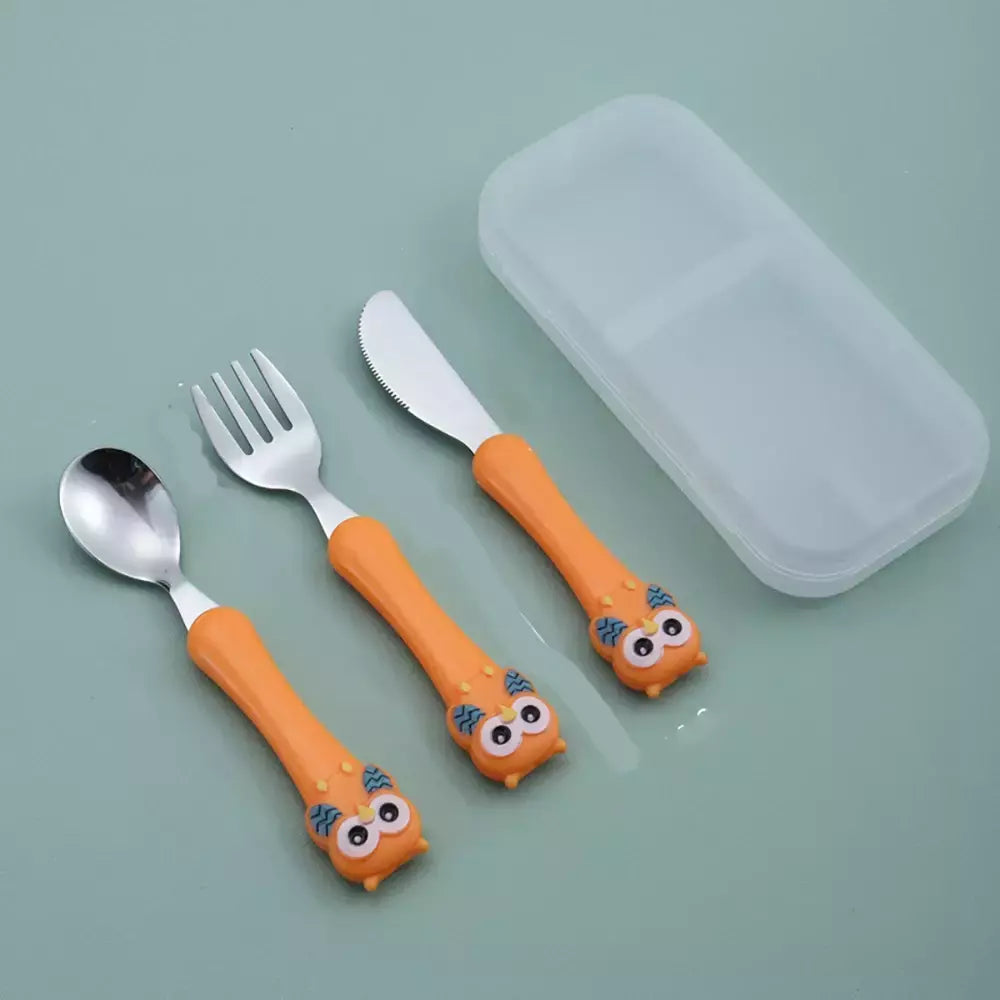 Talheres portáteis de aço inoxidável para crianças, Spoon Forks Box Utensílios de alimentação do bebê Conjunto de talheres para bebês, 3pcs