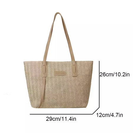 Sacola tecida estilo minimalista para mulheres, grande capacidade, bolsa de praia casual, tecido grama, bolsa de ombro, verão, 1 pc