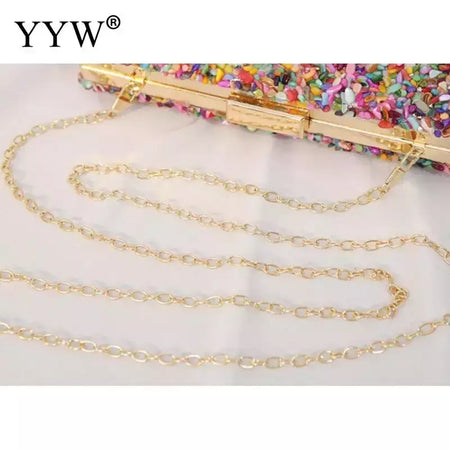 Bolsa acrílica com fecho interligado para menina, bolsa do casamento, pedra multicolorida, corrente de metal, crossbody, ombro, noite, difícil