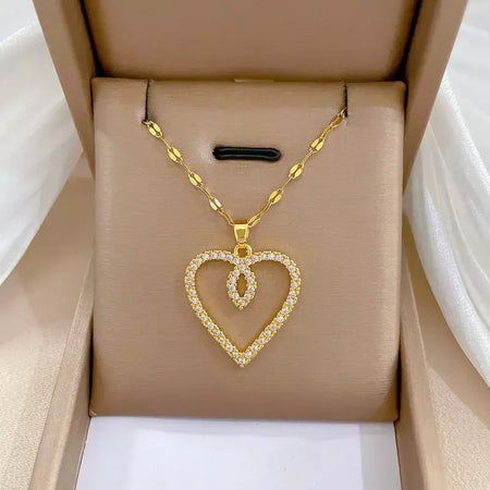 Colares Coração de Zircônia em Aço Inoxidável Mulheres Colar Metal Cor Dourada Festa de Aniversário Joias Diárias para meninas, Trendy and Love