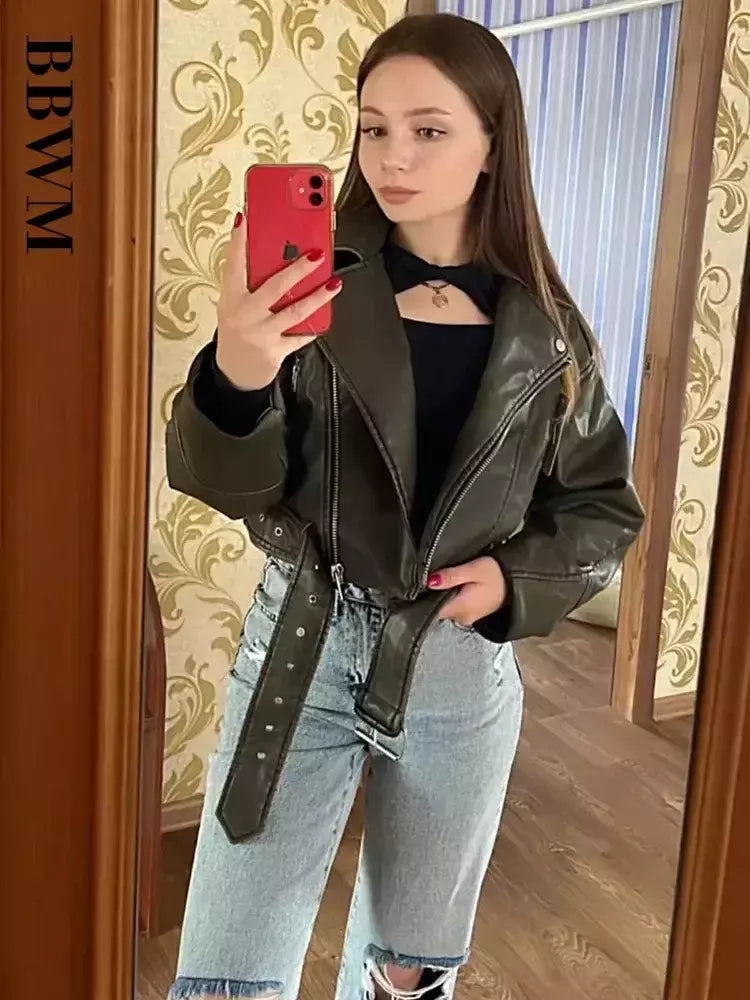 TRAF-Jaqueta curta de couro sintético feminina com cinto, casaco vintage extragrande, streetwear solto, zíper feminino, outwear retrô Moto Biker