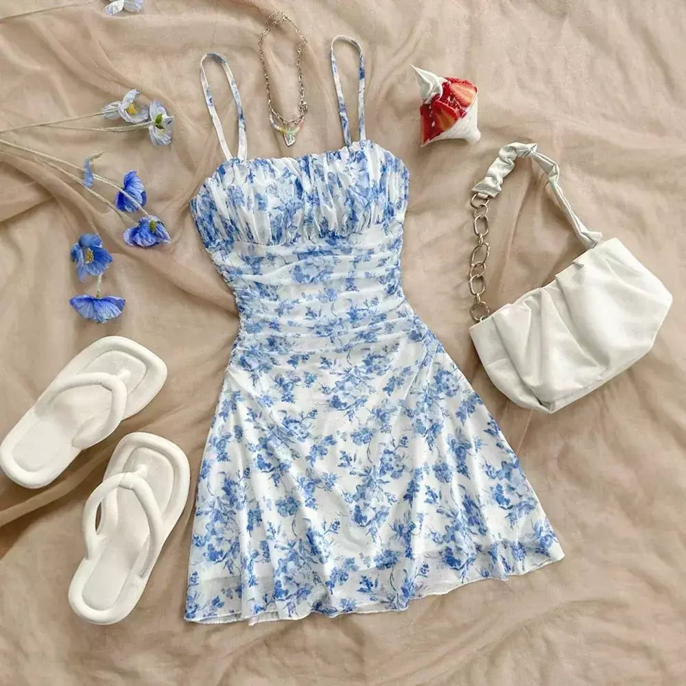 Vestidos de verão casual estampa floral sem mangas pescoço quadrado dobras mini vestidos cami diários para mulheres