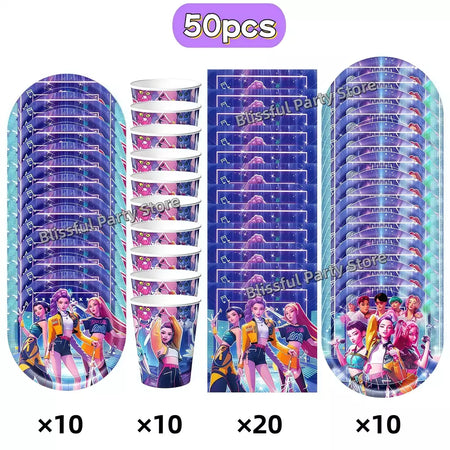 Conjunto de talheres para decoração de festa de aniversário, caçadores de demônios, copo, prato, guardanapo, banner, balão, meninas, coreano, kpop, anime, suprimentos de festa, decoração