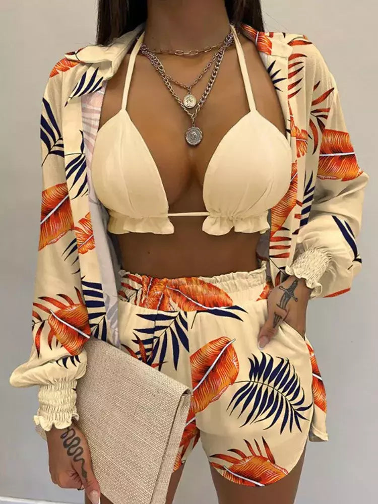 Fato de banho feminino de três peças, moda praia sexy, biquíni de cintura alta, maiô estampado, shorts para cobrir, moda praia de verão, novo 2024