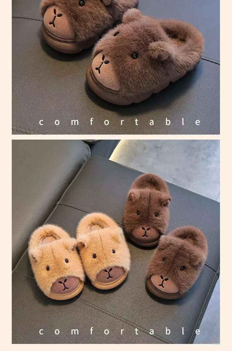 Capivara crianças chinelos 2025 inverno novo bonito fofo algodão sapatos de chão mulher quente interior dos desenhos animados piso de pelúcia casa chinelos