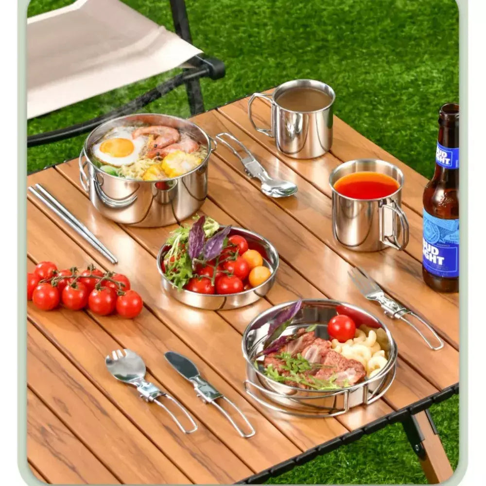 12 pçs conjunto de cozinha de acampamento de aventura panelas e frigideiras de acampamento conjunto de cozinha familiar não-tóxico 304 conjunto de utensílios de cozinha de aço inoxidável dobrável
