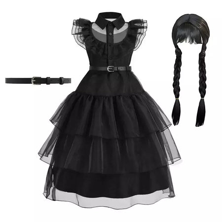 Crianças addams traje do bebê meninas família cosplay traje de halloween crianças família dança vestido preto quarta-feira pageant fantasia
