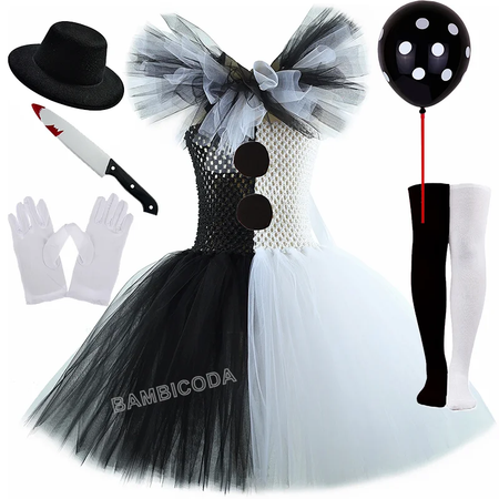 O traje de palhaço terrível arte menina preto branco fantasia tutu vestido horror coringa vestido para meninas trajes de festa de carnaval de halloween