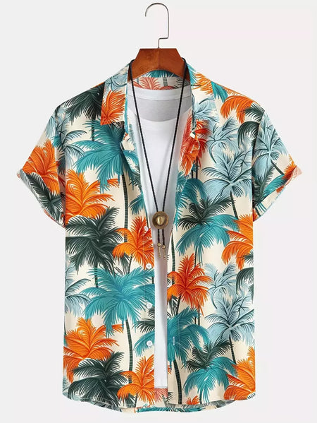 Camisa de lapela masculina de manga curta, estilo havaiano, padrão tropical de coqueiro, tops grandes, férias de verão