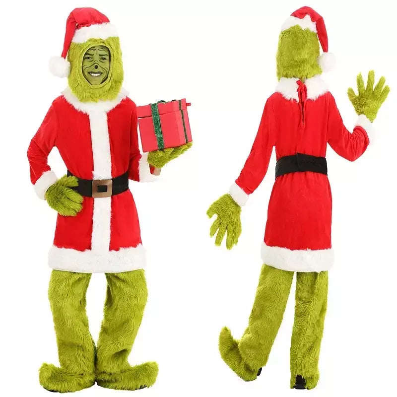 Venda quente da temporada halloween verde grinch cosplay traje papai noel com calças de pele conjunto jogar traje em massa monstro verde gri