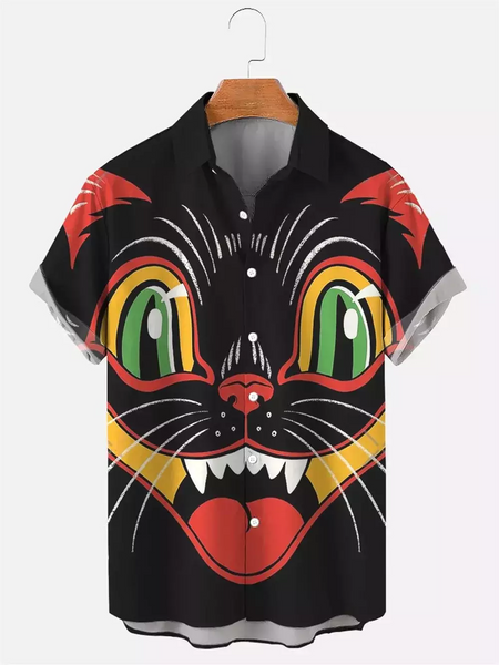 Camisa havaiana dos desenhos animados de anime masculino, Tops de manga curta, roupas casuais masculinas, rua, animais, gatos, retrô, 3D Tees, verão