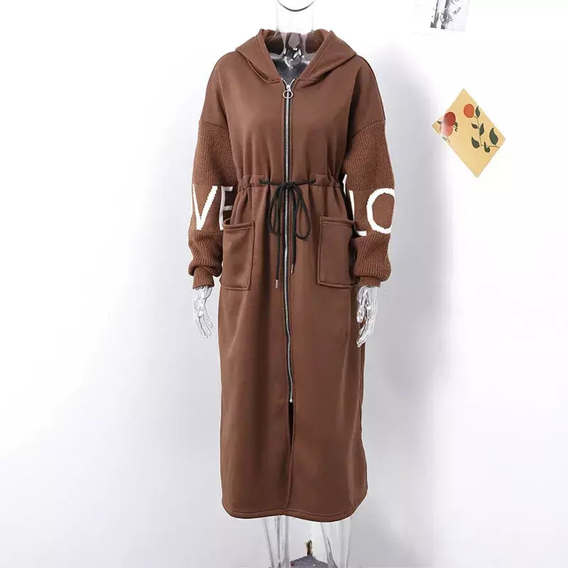 Casual longo retalhos casacos de malha feminino casual hoodies rendas até bolsos jaquetas femininas 2024 outono inverno nova senhora outerwears