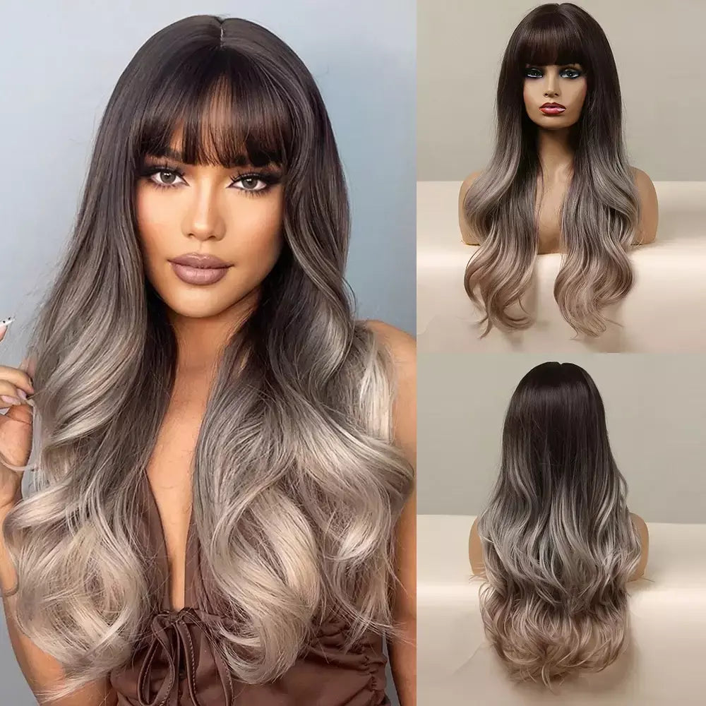 Louis ferre longo ombre loira perucas sintéticas com franja para mulheres onda natural penteado fibra resistente ao calor cosplay perucas marrons