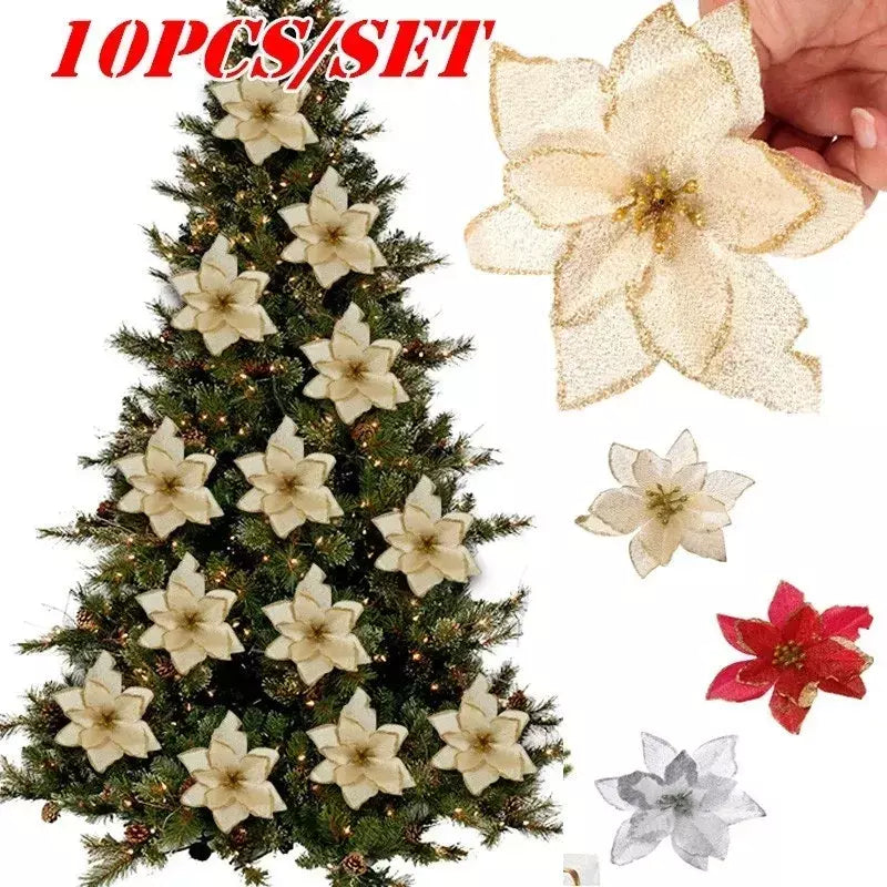 10 pçs grandes lantejoulas flor de natal glitter poinsétia 5.5 polegada flores artificiais enfeites de árvore de natal decorações para casa