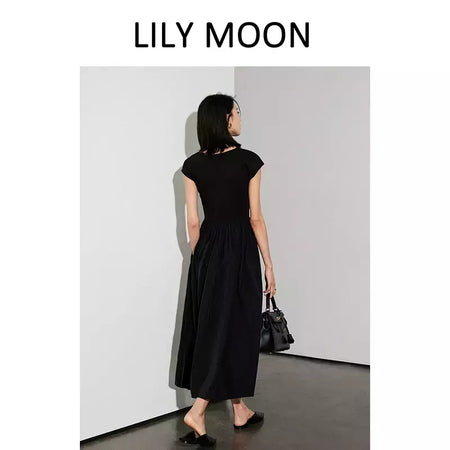 LILYMOON-vestido longo de emenda francês, saia de cintura alta, preto, fino, temperamento, cem, moda, verão