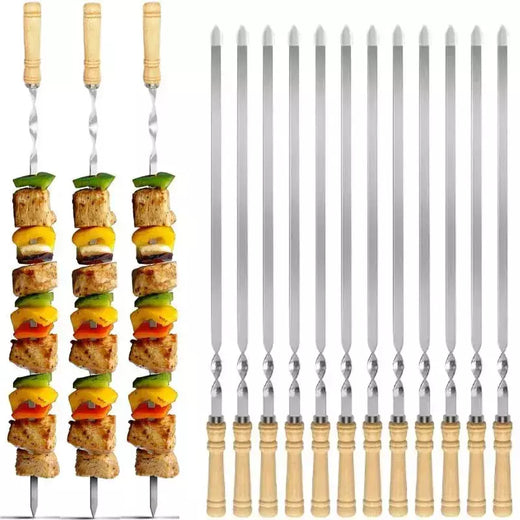 Espetos de churrasco de aço inoxidável alça longa 55cm alça de churrasco de madeira grande vara plana ao ar livre piquenique ferramentas de churrasco