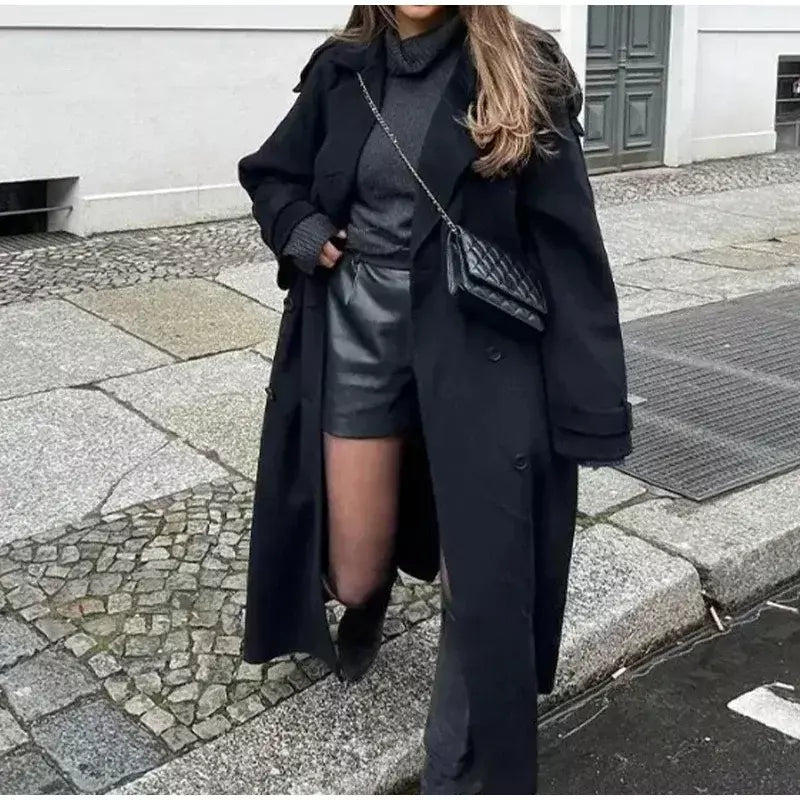 Trench coat maxi oversized feminino com lapela entalhada com cinto duplo breasted vintage streetwear 2025 tendência casual casacos diários