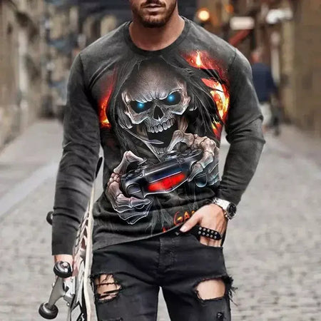 Crânio masculino gráfico t-shirts manga longa esqueleto impressão 3d rua homem t camisa outono o-pescoço casual y2k topo roupas masculinas de grandes dimensões