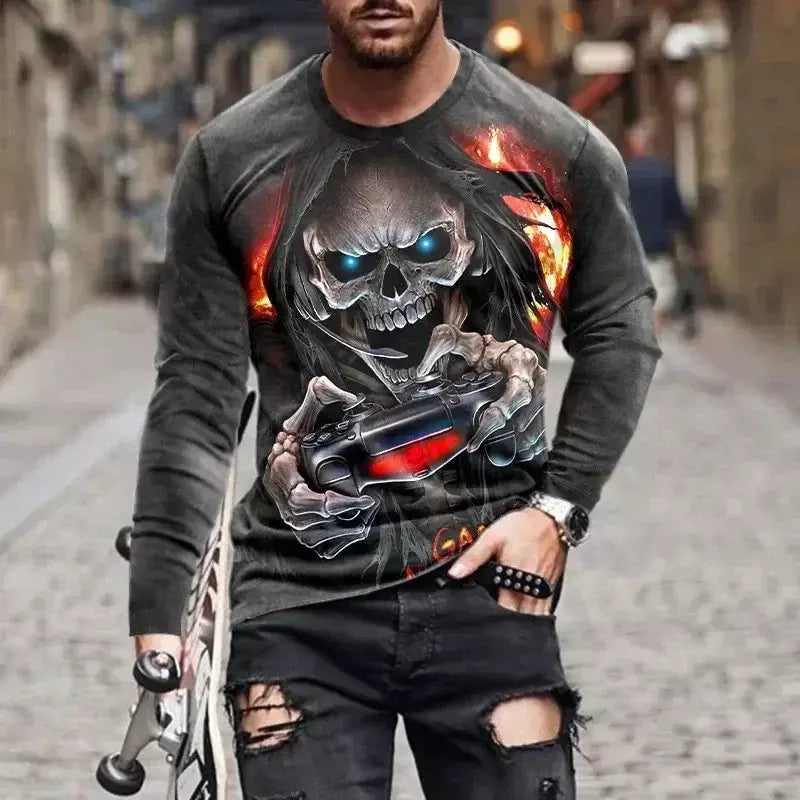 Crânio masculino gráfico t-shirts manga longa esqueleto impressão 3d rua homem t camisa outono o-pescoço casual y2k topo roupas masculinas de grandes dimensões