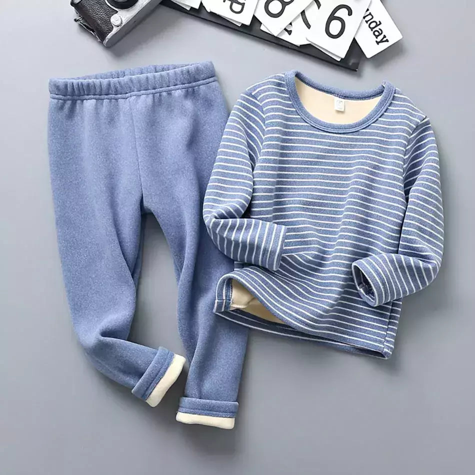 Conjuntos de pijama listrado forrado de pelúcia para crianças, aconchegante, caloroso, projetado para outono e inverno, homewear, adequado para crianças, uso diário e sono