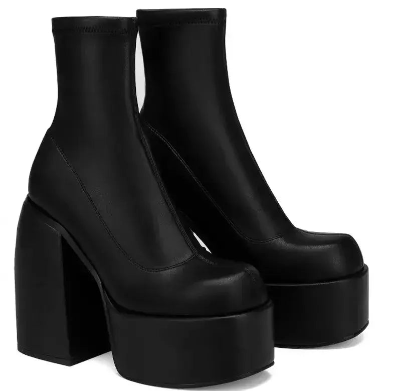 Mulheres nova moda botas curtas mulheres sexy bota de couro dedo do pé quadrado casual zíper salto alto casual sola grossa sapatos femininos zapatos
