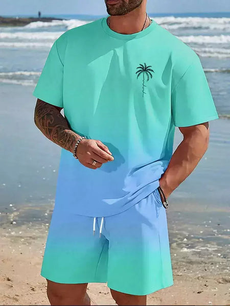 Camiseta de praia havaiana masculina, conjunto de 2 peças, manga curta, estampa palmeira, decote em O, moda exterior, casual, verão