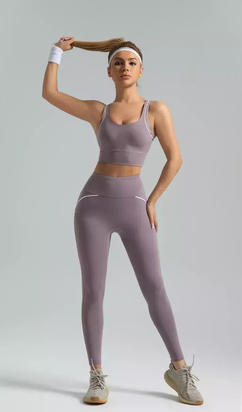PINGNIAO-Calças e Sutiã Yoga de Cintura Alta para Mulheres, Alça Cruzada, Terno Esportivo, Fitness Wear, Design De Linha