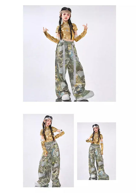 Girls Hip Hop Shiny Golden Crop Top Patchwork Jeans Pants Kids Streetwear Child Jazz Girl Group Costumes K-pop Retro Clothes Set