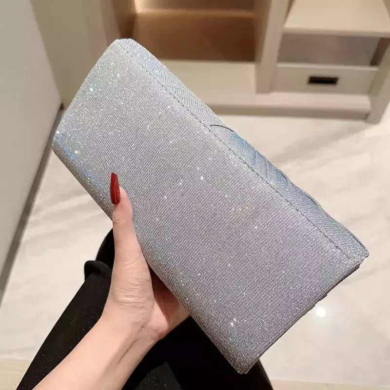 Embreagem de lantejoulas prateadas para mulheres, bolsas de noite, bolsas de ombro de cadeia, bolsas de luxo para jantar