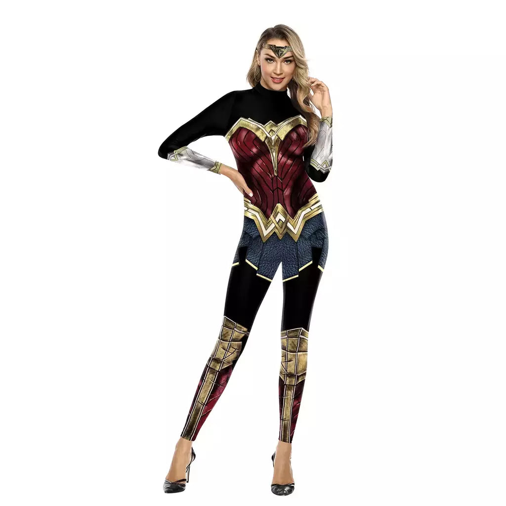 Miniso cosplay filme mulher maravilha traje festa de halloween impressão sexy macacão desempenho palco zentai bodysuit roupas femininas