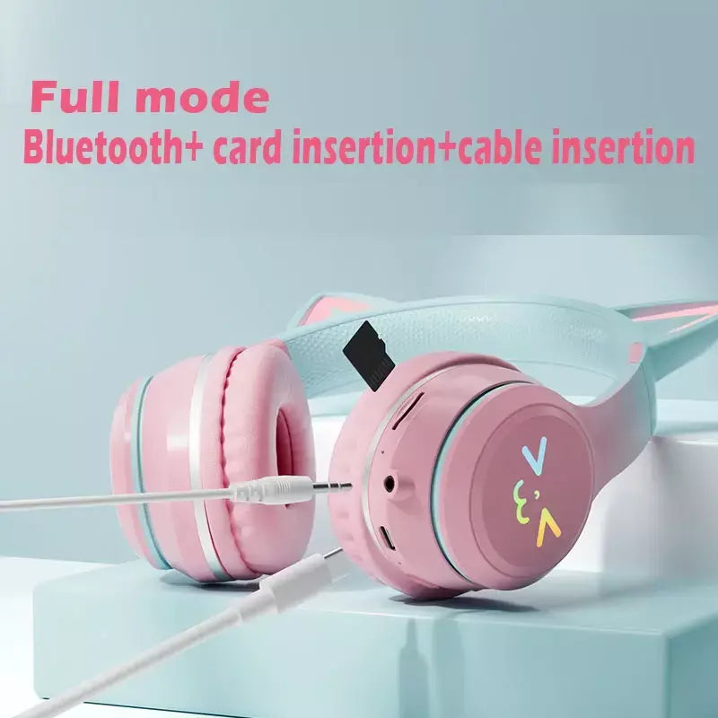 Orelhas de gato fone de ouvido rgb luz sorriso rosto tws fone de ouvido gradiente novo fone de ouvido rosa menina presente adequado para qualquer telefone