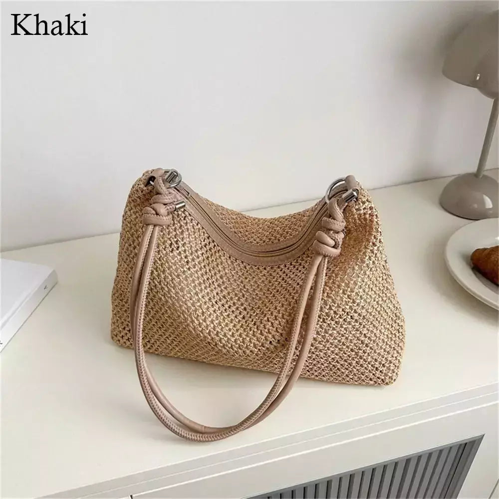 Saco de palha tecido Rattan para senhoras, sacola de grande capacidade, bolsa trançada artesanal, bolsa de ombro, moda