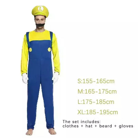 Jogo marios super luigi irmãos uniforme conjunto cosplay trajes engraçado anime adulto homem macacão mulher vestido traje de halloween