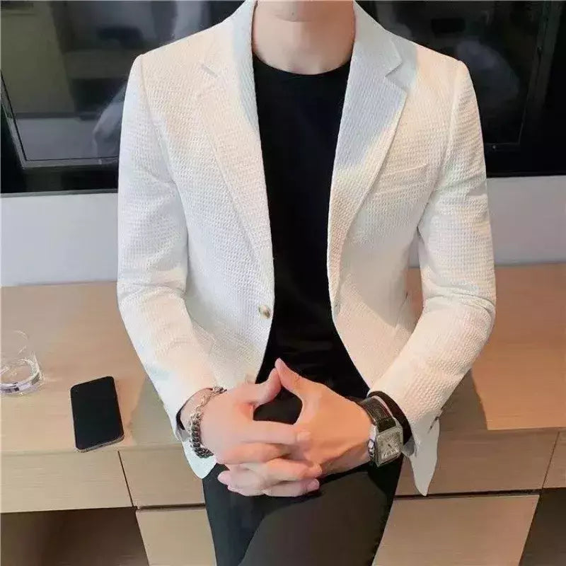 Ternos e blazers brancos masculinos, roupas estilo coreano, casacos com seios simples, jaquetas, jaqueta de waffle masculina, roupas