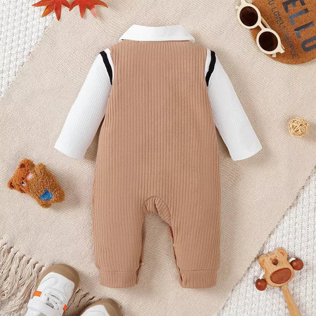 Bebê menino pequeno cavalheiro macacão dos desenhos animados urso de pelúcia mangas compridas macacão para 0-18 meses trajes de festa de aniversário do bebê meninos